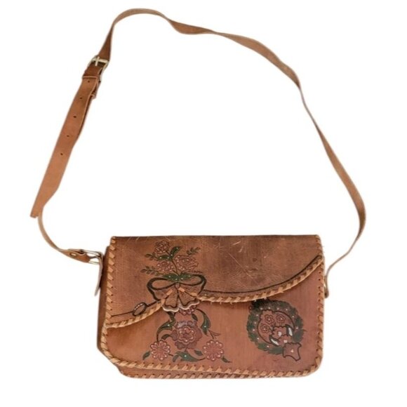 Handmade Handbags - Vintage 1960's Vibe Hand Tooled Leather Hippie Purse  Unbranded Floral Crossbody